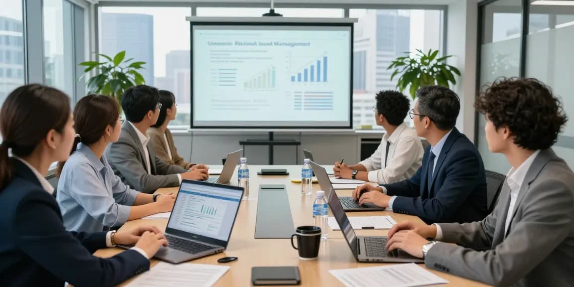 Contabilitate ONG: echipă profesională colaborează la birou, evaluând rapoarte financiare.