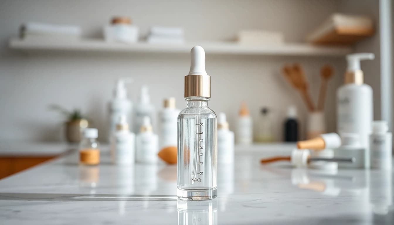 View the best microneedling serum displayed elegantly in a professional skincare lab.