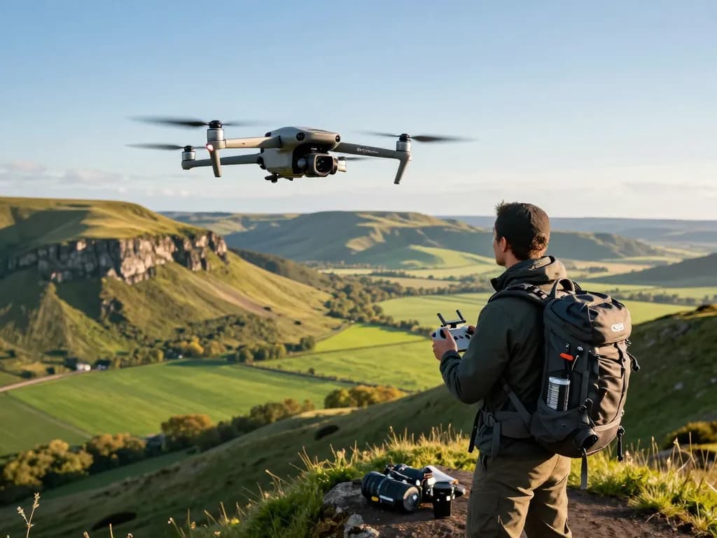 DJI Mavic 3E capturing stunning aerial views of rugged landscape with advanced zoom features.