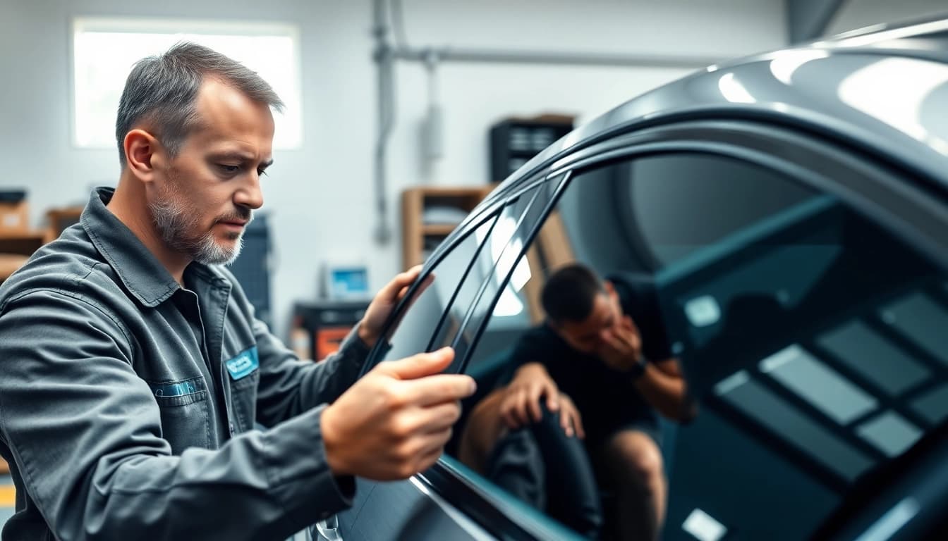Window tint Chattanooga expert installing film on a vehicle for heat reduction.
