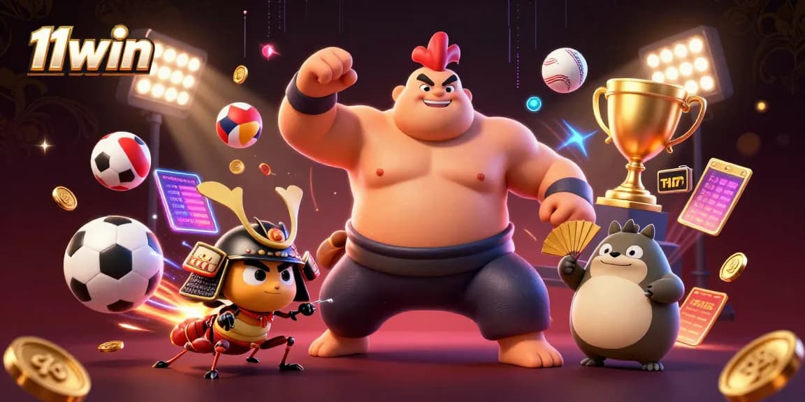 Experience the excitement of 11win with powerful characters and dynamic sports elements in this vibrant illustration.