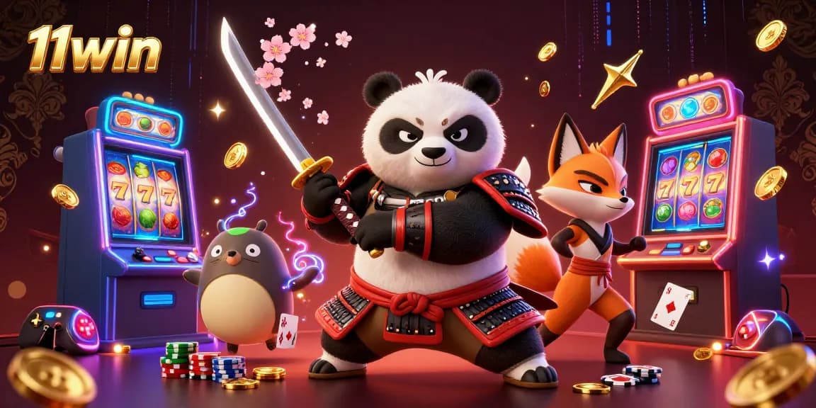 Engage in thrilling gaming with 11win featuring a samurai panda and vibrant casino elements.