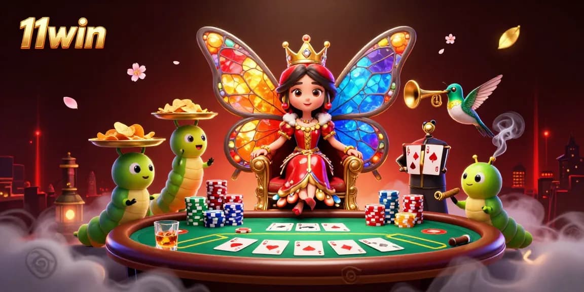 Engage with an enchanting 11win scene featuring a butterfly queen and poker elements in a vibrant casino atmosphere.