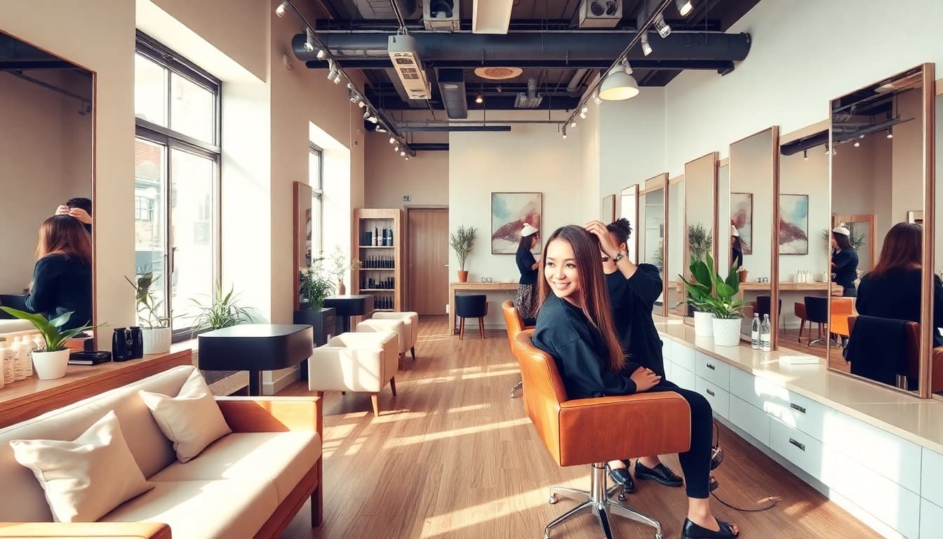 Cabeleireiro perto de mim: A stylish salon interior with a hairstylist at work, offering a welcoming atmosphere.