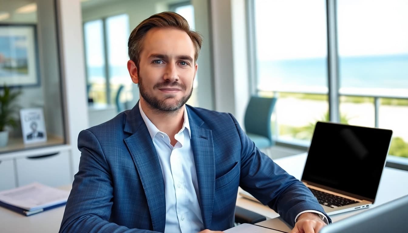 Clearwater truck accident lawyer confidently consulting in a bright office with Clearwater Beach view.