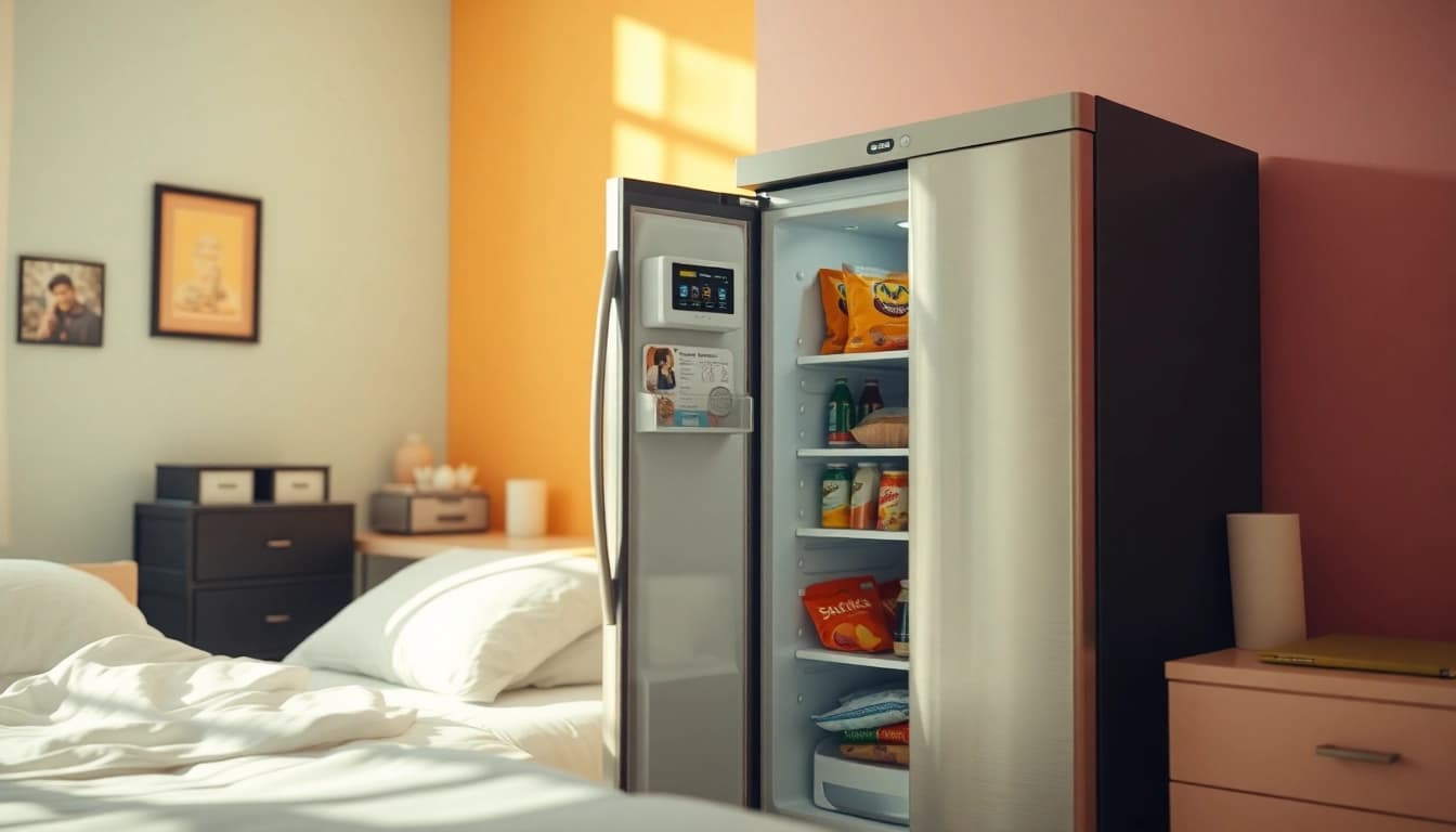 Refresh your space with a dorm room fridge filled with snacks and drinks.