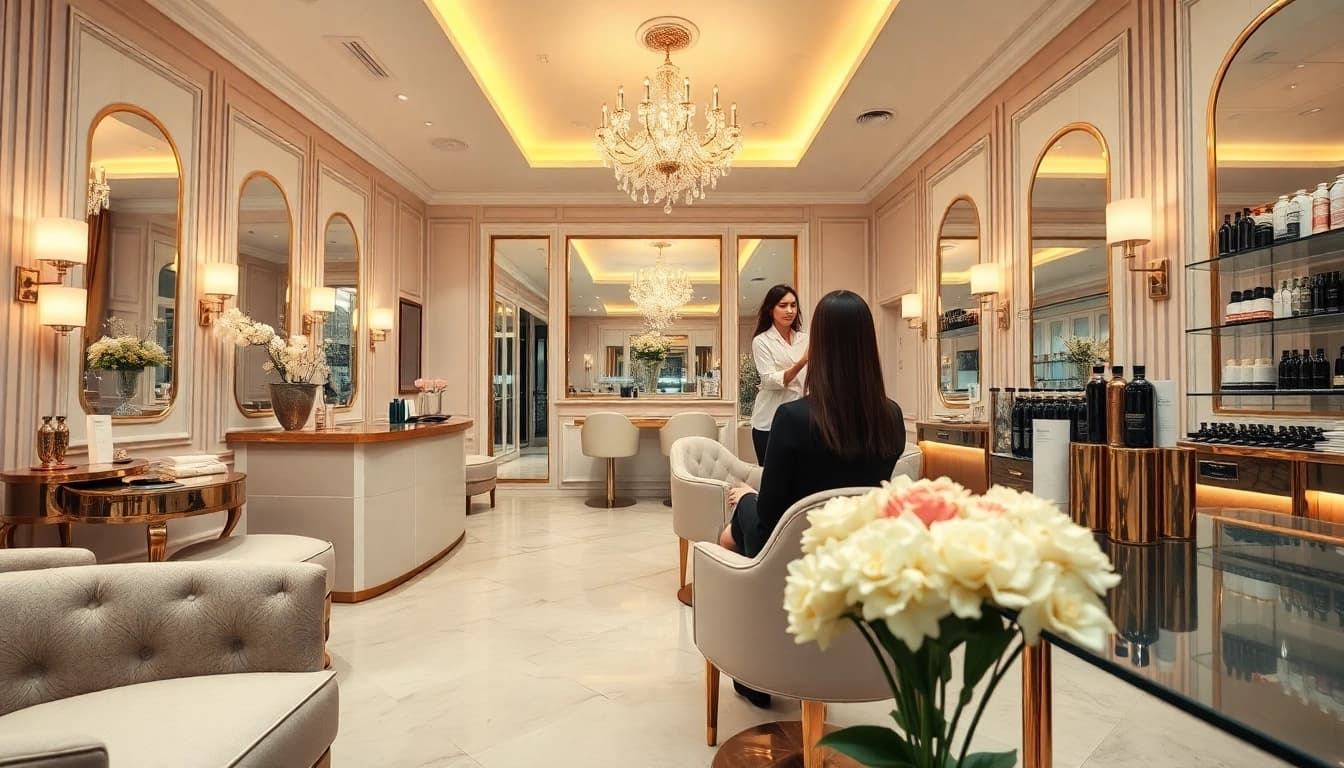 Interior of luxury hair salons with elegant decor and a stylist attending to a client.