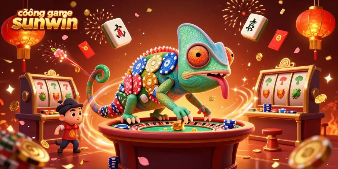 Engage in the excitement of cổng game sunwin featuring a colorful chameleon owner amidst casino elements.