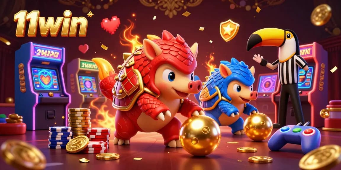 Engage with the excitement at 11win featuring animated pangolins competing in a vibrant casino scene.