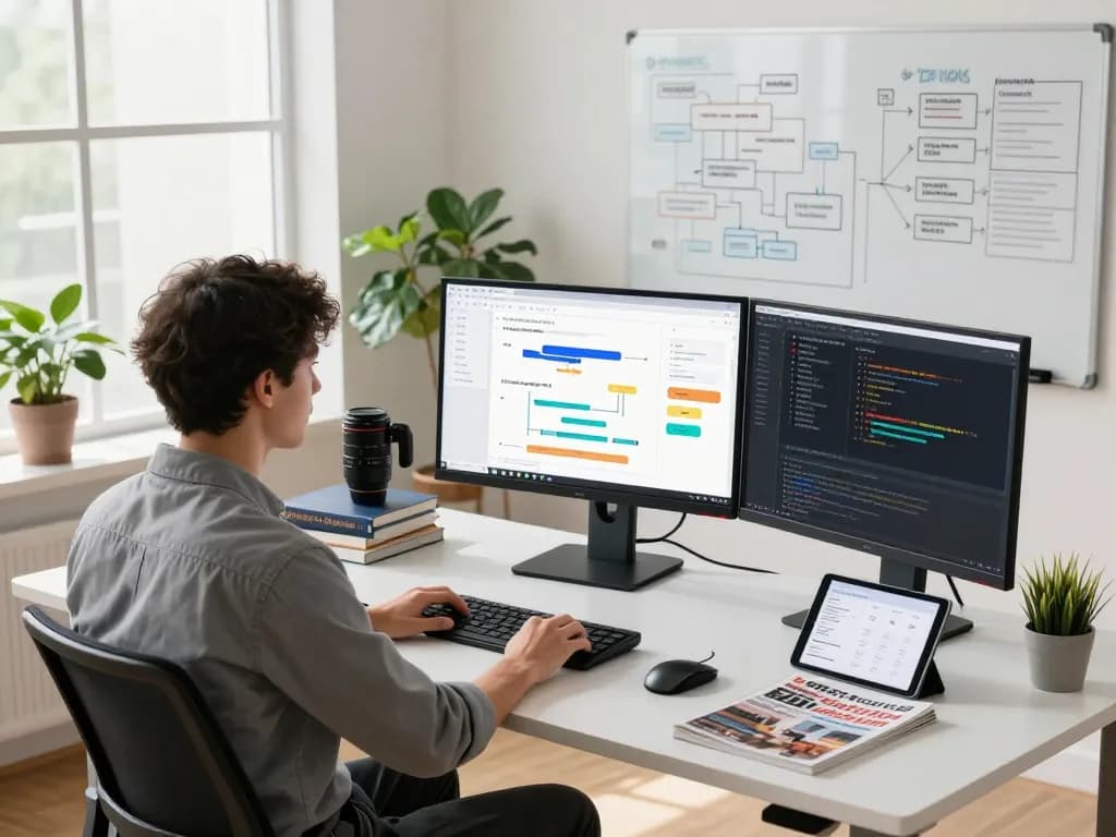 Developer creating automated workflows with make.com in a modern workspace.