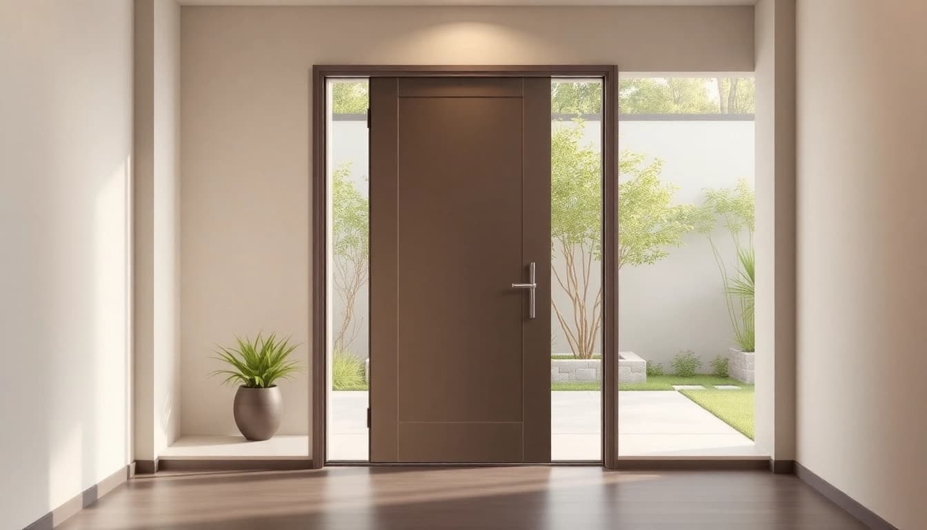 A striking single leaf swing door elevating a modern entryway, showcasing sleek metallic design.