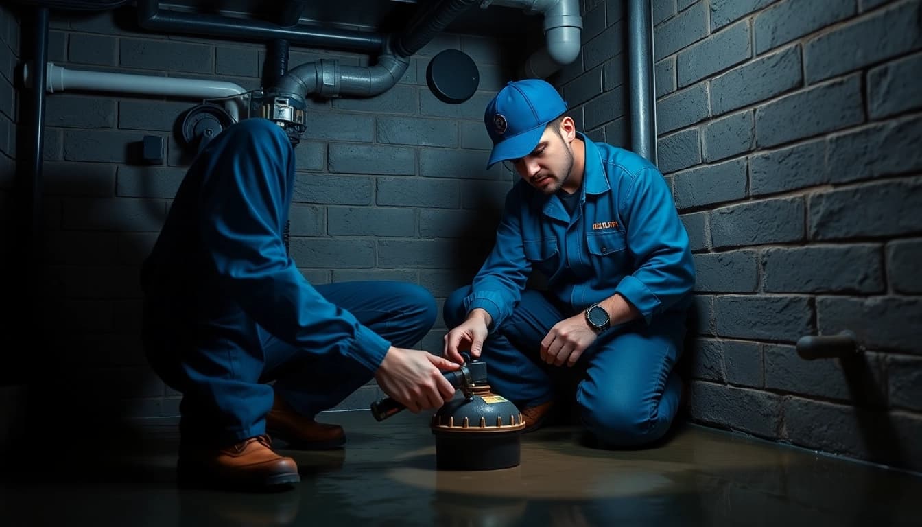 Emergency plumbing help for sewer backup illustrated by a professional plumber in NYC examining a sewer line.