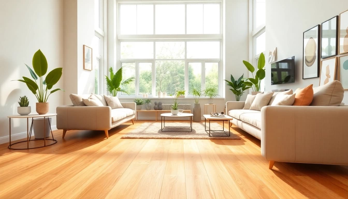 Showcasing cheap vinyl flooring in a modern living room with warm sand tones and a cozy atmosphere.