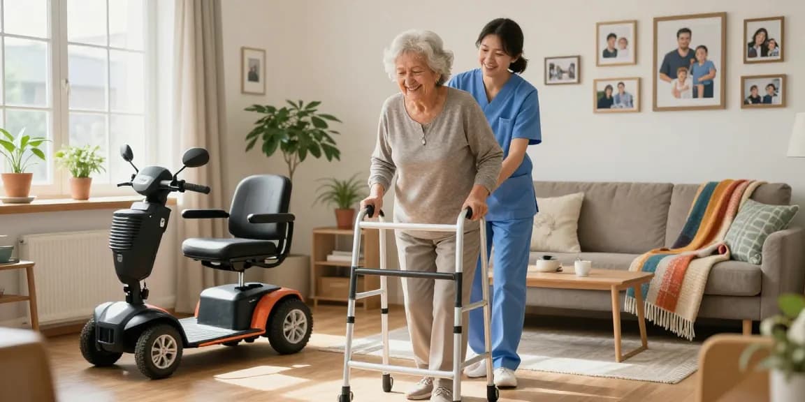 Buy nobility aids in a cozy home healthcare setting with a smiling senior using a mobility aid.