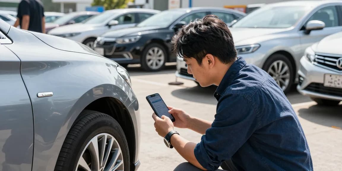 Person checking a car history report on smartphone as an HPI check alternative in a dealership