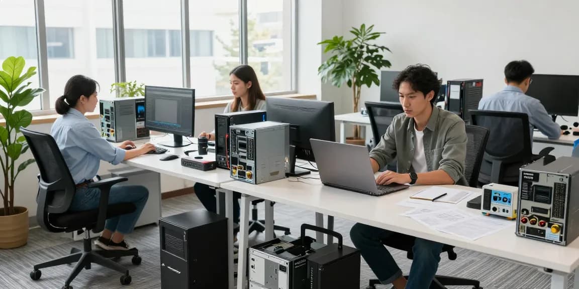 Refurbished PCs being reviewed at a modern tech workspace with multiple laptops and equipment.
