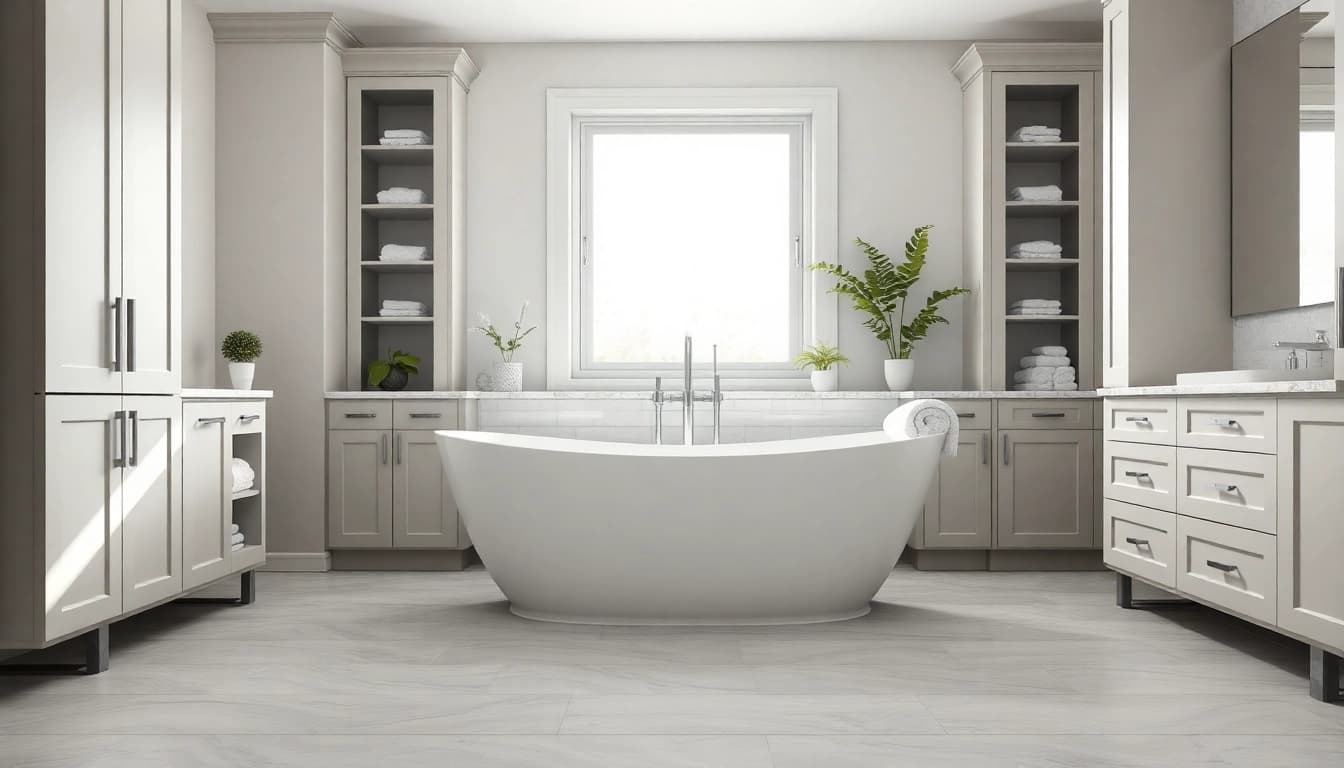 Stunning bathroom remodelling with modern tub and stylish decor, emphasizing elegance.