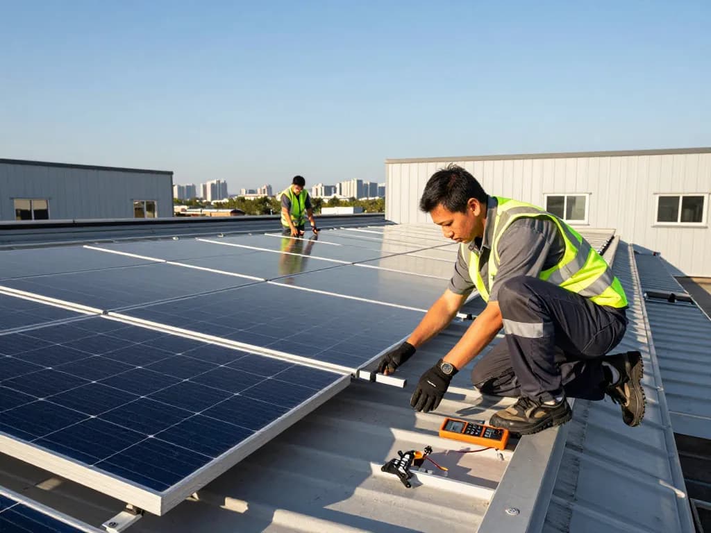 Panneaux photovoltaïques de type N being installed by technicians on a commercial rooftop, showcasing the cutting-edge technology and teamwork in renewable energy.