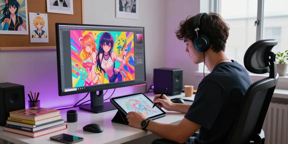 Creative artist generating stunning ai ecchi illustrations in a vibrant digital studio.