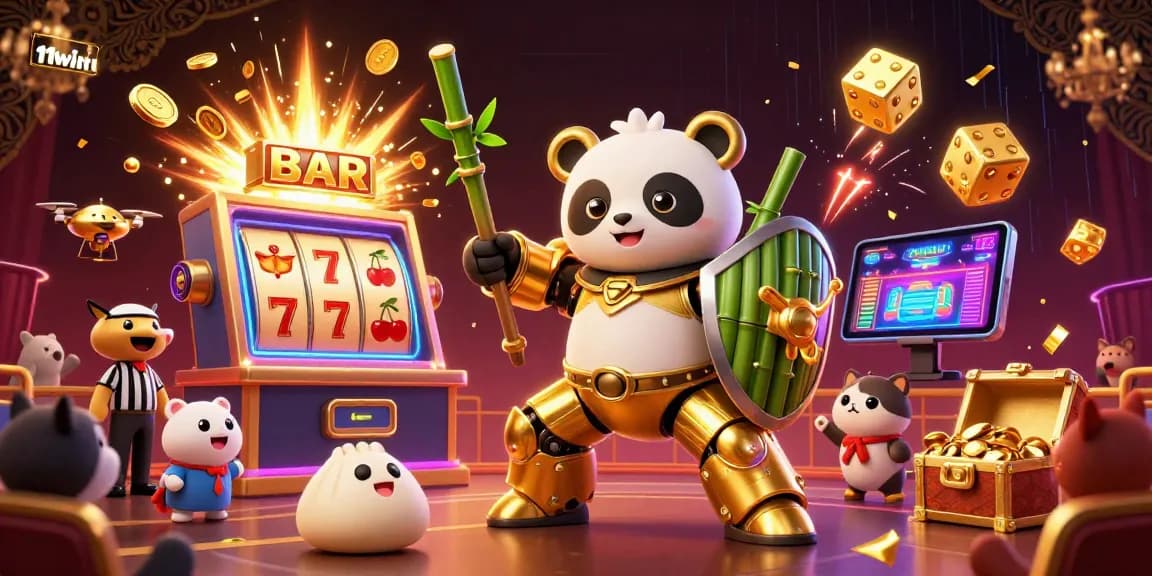 11win showcases a vivid scene with a golden panda mech in action, surrounded by vibrant casino elements.