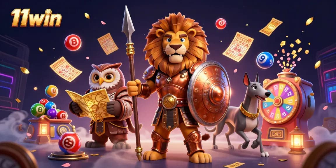 Engage with 11win's vibrant gaming scene featuring lions, owls, and greyhounds in action.