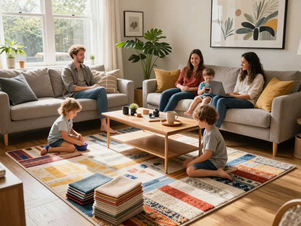 Discover affordable carpets London in a cozy living room with family and colorful rugs.