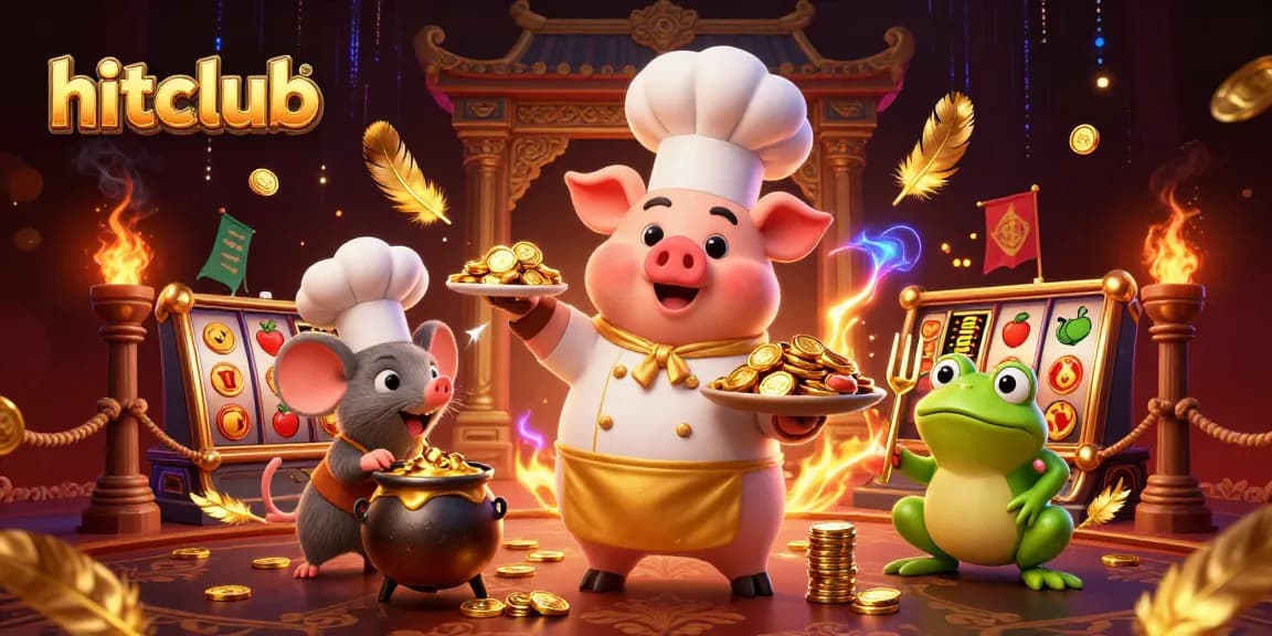 Experience hitclub's cartoon chef pig serving gold coins in an animated casino scene filled with excitement.