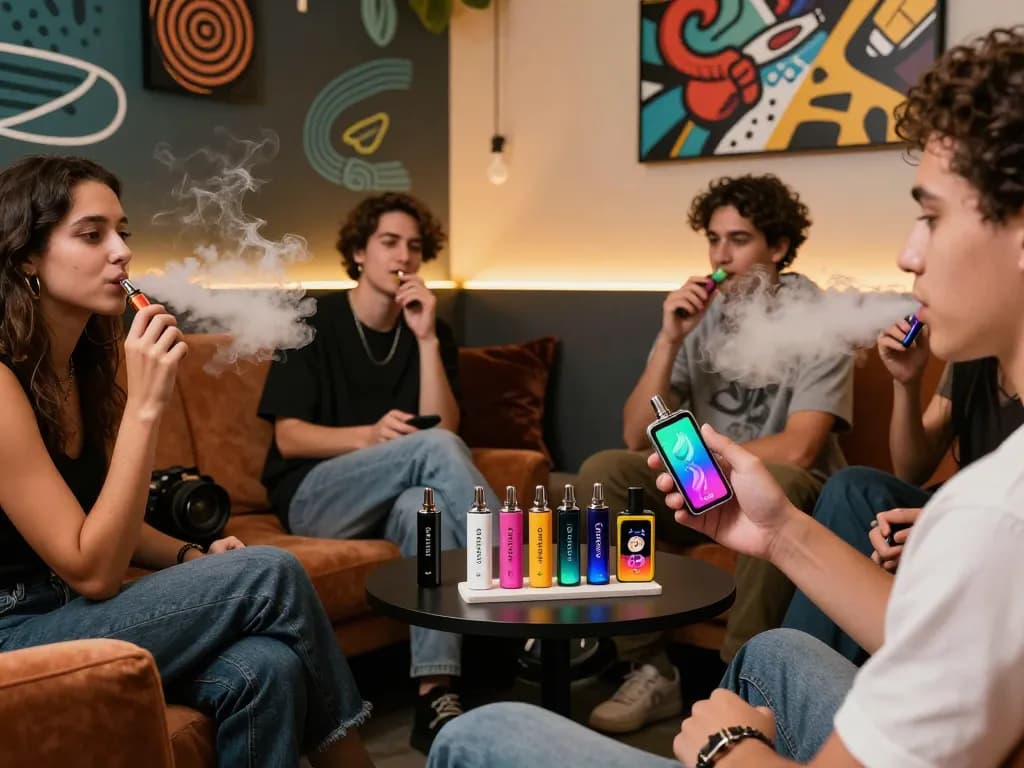Friends enjoying Clean Carts Disposable in a stylish vaping lounge with vibrant flavors.