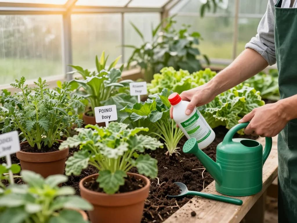 Jardinero aplicando fertilizante en un invernadero brillante con plantas saludables.