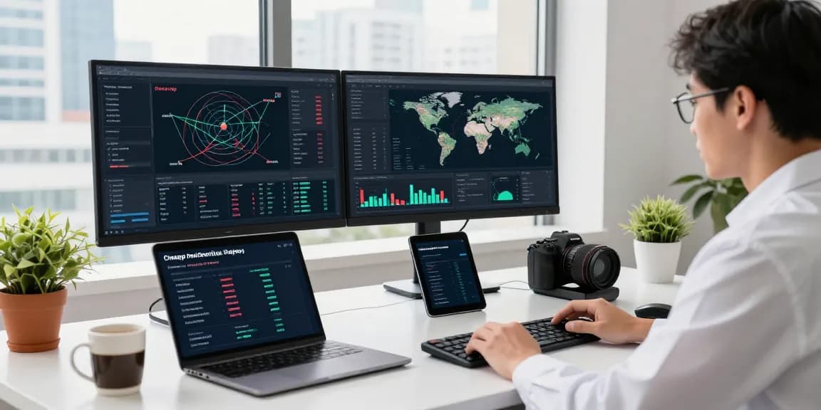 Data scientist utilizing cheap residential proxies on multiple monitors in a modern office.