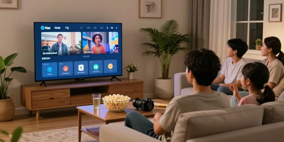 Pikashow APK streaming interface displayed while family enjoys movie night in a cozy living room.