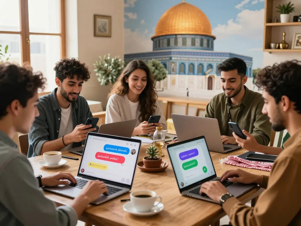 Engaging diversity in دردشة فلسطين online chat scene with young Palestinians connecting through technology.