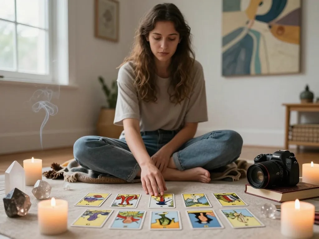Individual exploring signs of a karmic relationship through meditation in a calming, serene space.