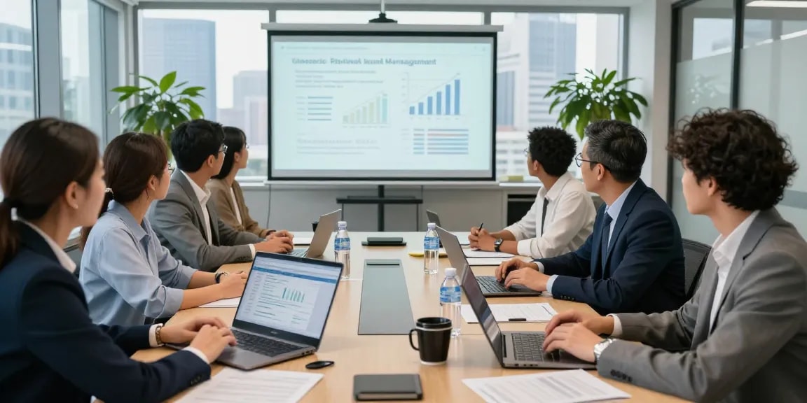 Contabilitate ONG: echipă profesională colaborează la birou, evaluând rapoarte financiare.