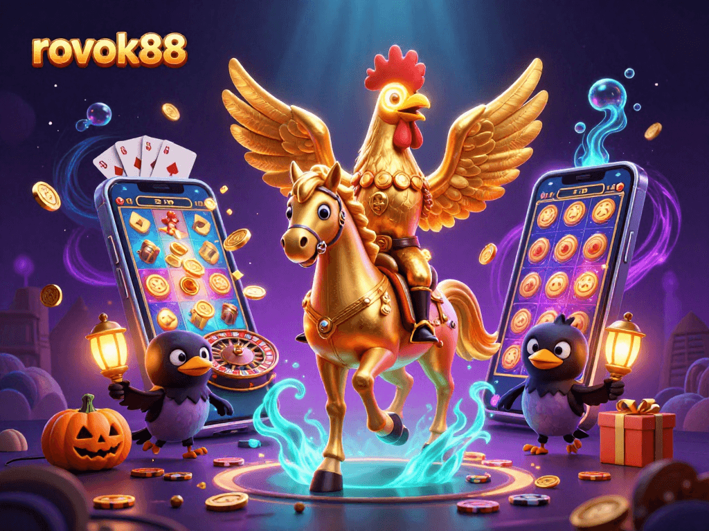 Experience the vibrant gaming atmosphere with rokok88 as the golden rooster embodies luck in a dynamic casino scene.