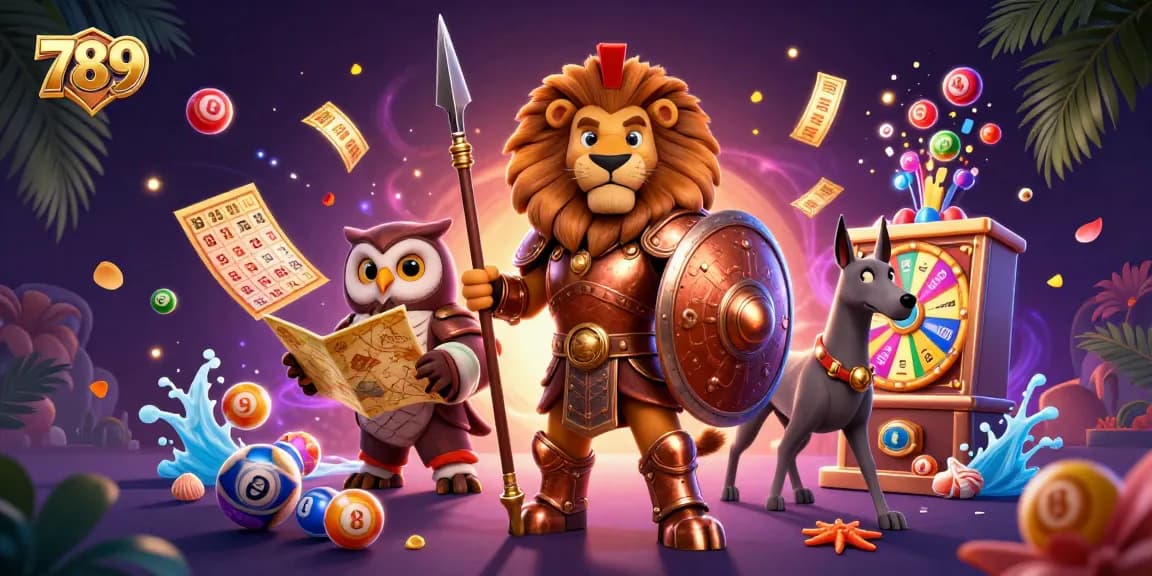 Engage with the vibrant 789 casino scene featuring characters and dynamic lottery elements.