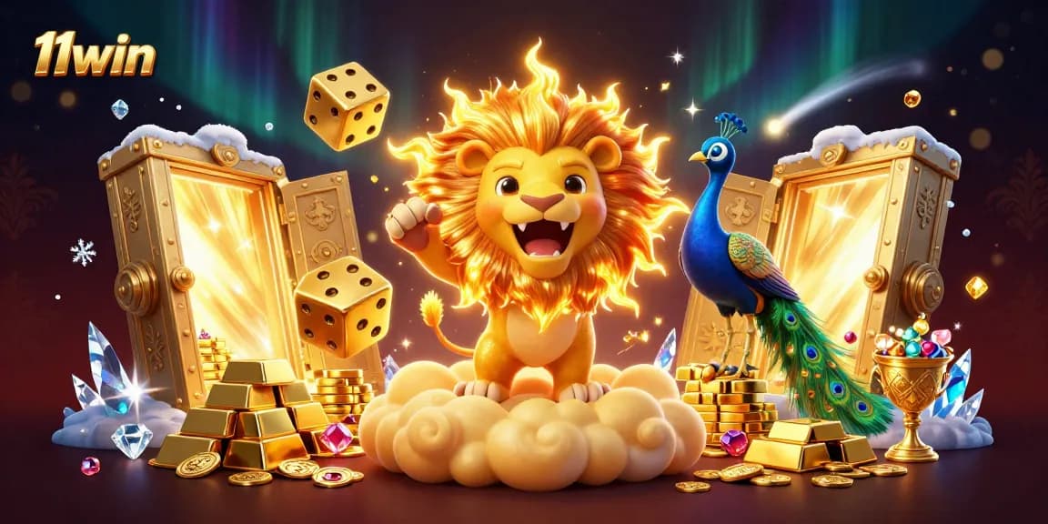 11win-themed artwork featuring a roaring sun lion and golden dice illuminated by treasure.