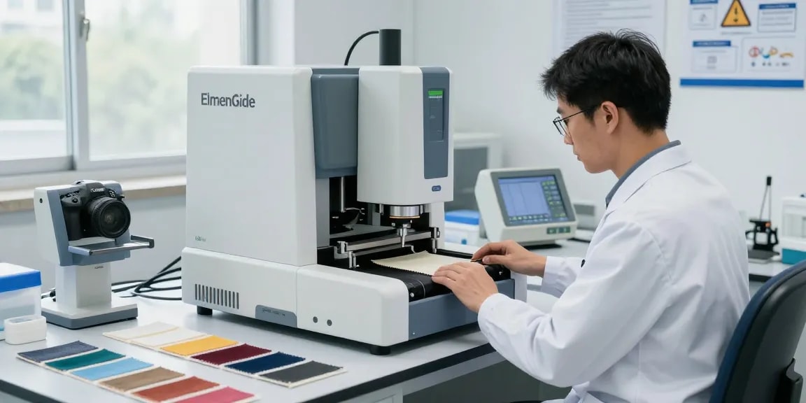 Technician using the tearing strength tester to measure fabric durability in a modern lab setting.