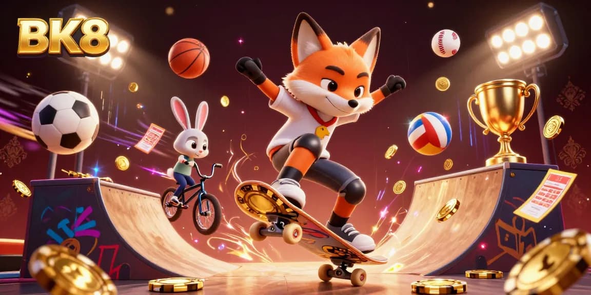 Experience thrilling action with BK8 featuring a 3D skateboarder fox and BMX rabbit in an energetic casino scene.