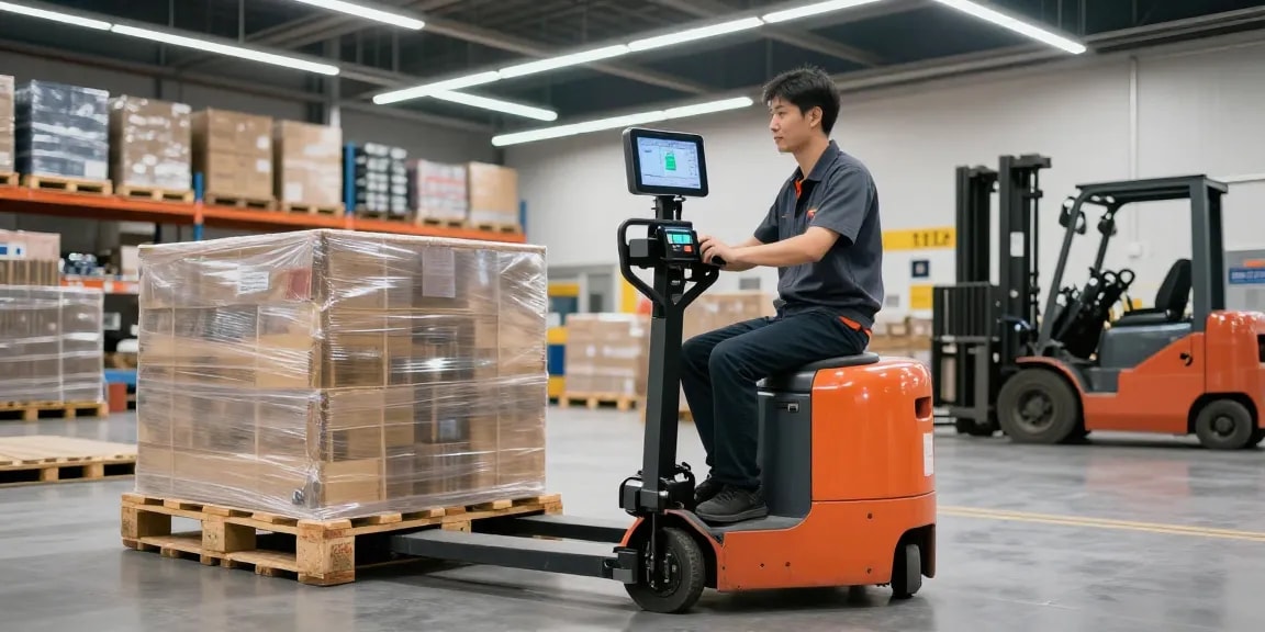 Electric pallet truck with scale and printer for sale in use at a busy warehouse, showing efficient material handling.