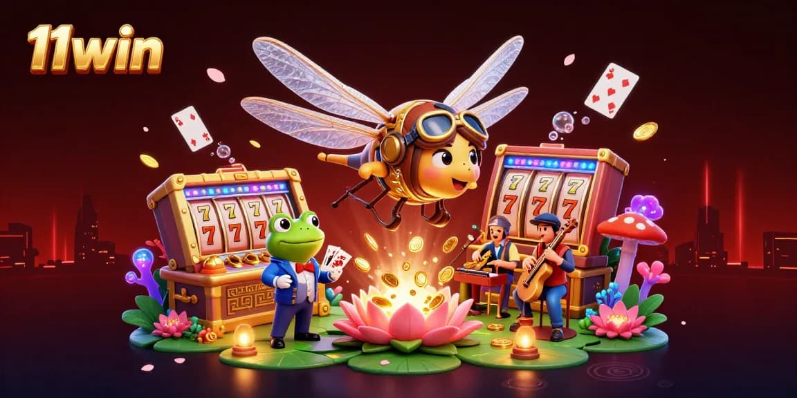 Engage with 11win's animated casino experience featuring a dragonfly pilot and frog croupier.