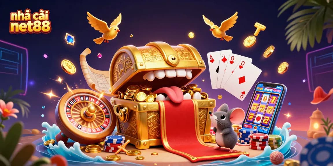 Engage with nhà cái net88's thrilling gaming scene featuring a treasure chest luring adventurous gamblers.