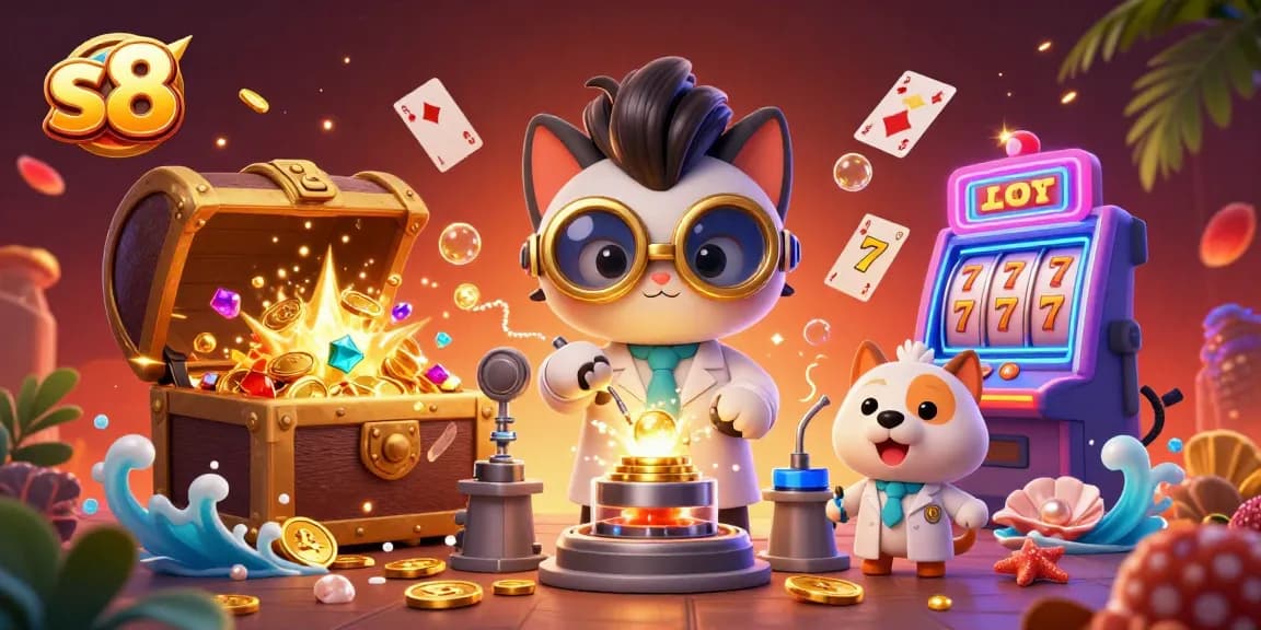 Experience the thrill of winning with s8's jackpot excitement featuring a mad scientist and vibrant gaming elements.