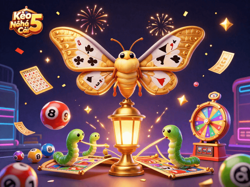 Kèo Nhà Cái 5 showcases a vibrant 3D illustration of a golden atlas moth amid casino-themed elements and dynamic gaming symbols.