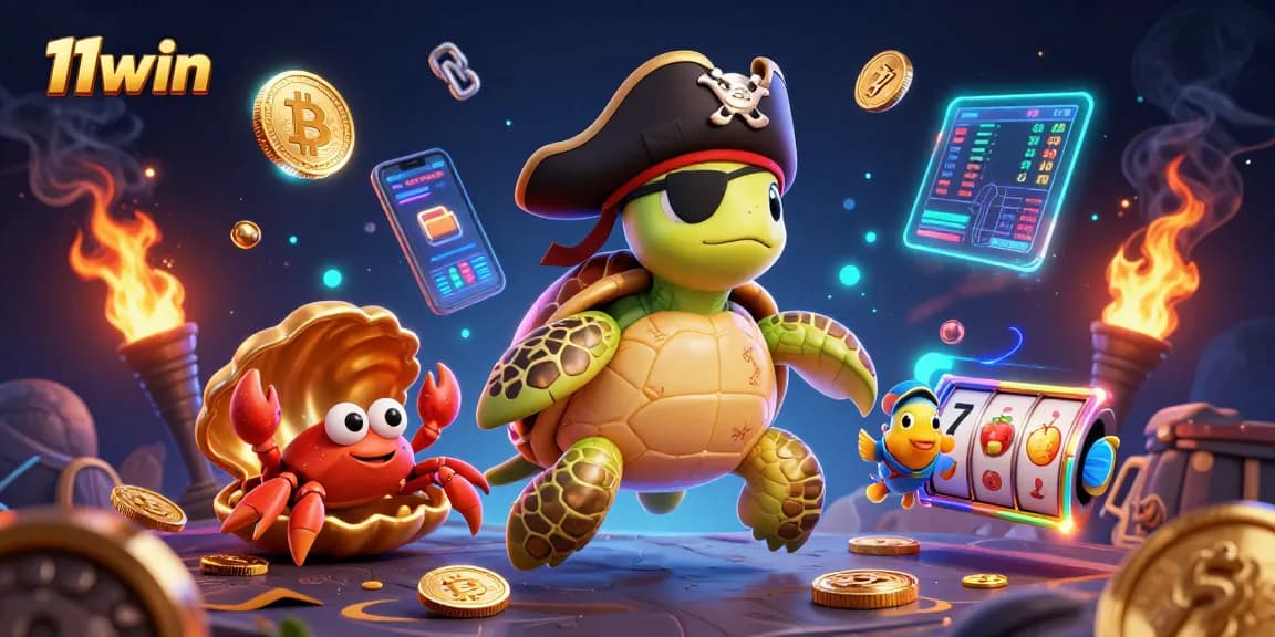 Engage with 11win's vibrant casino world featuring a pirate turtle and glowing crypto treasures.