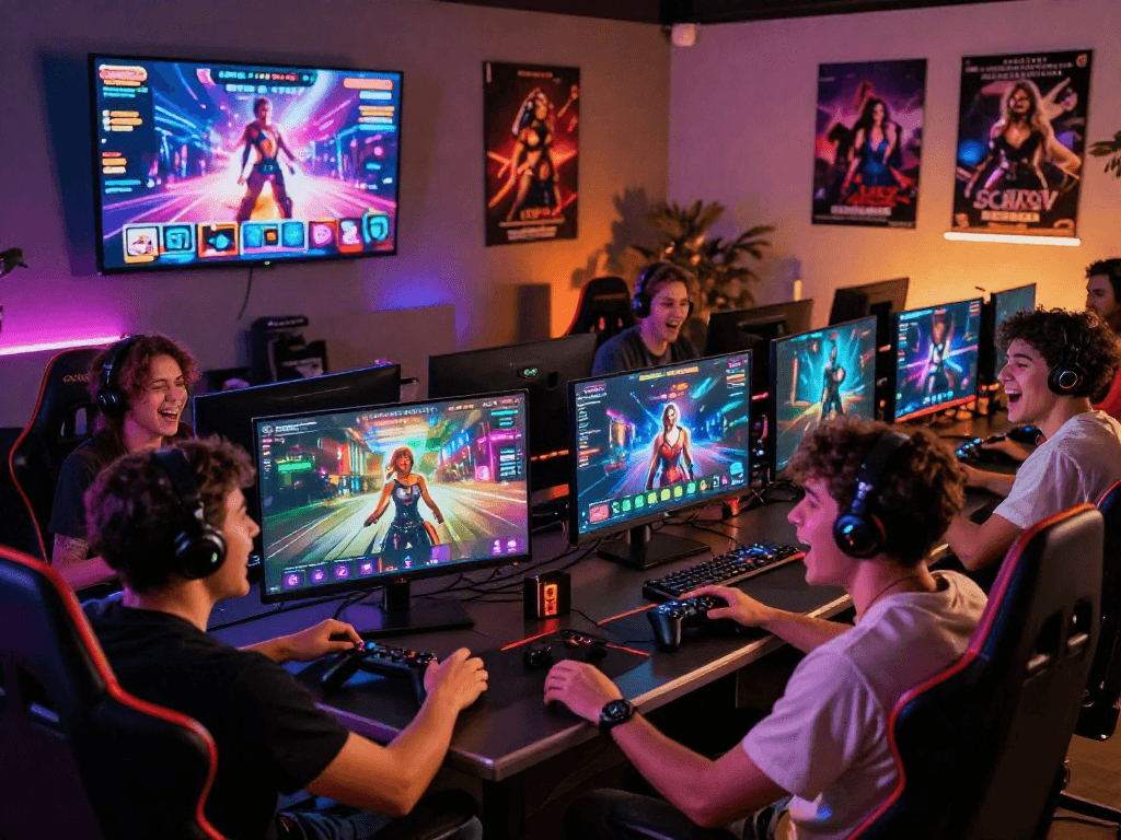 Group of gamers enjoying online sex games in an engaging atmosphere