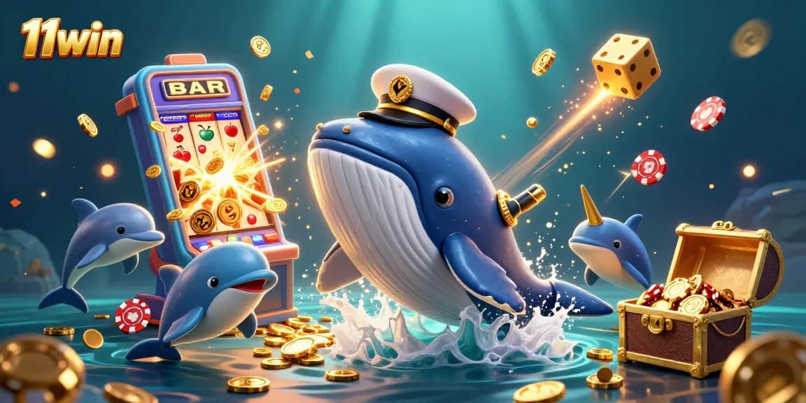 Experience winning moments with 11win featuring a playful whale and dolphins amidst jackpot symbols.