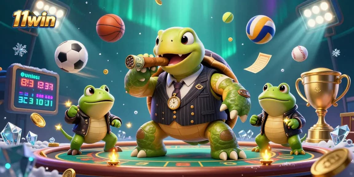 Engaging 3D scene showcasing 11win with a turtle mobster, bullfrog enforcers, and vibrant casino elements.