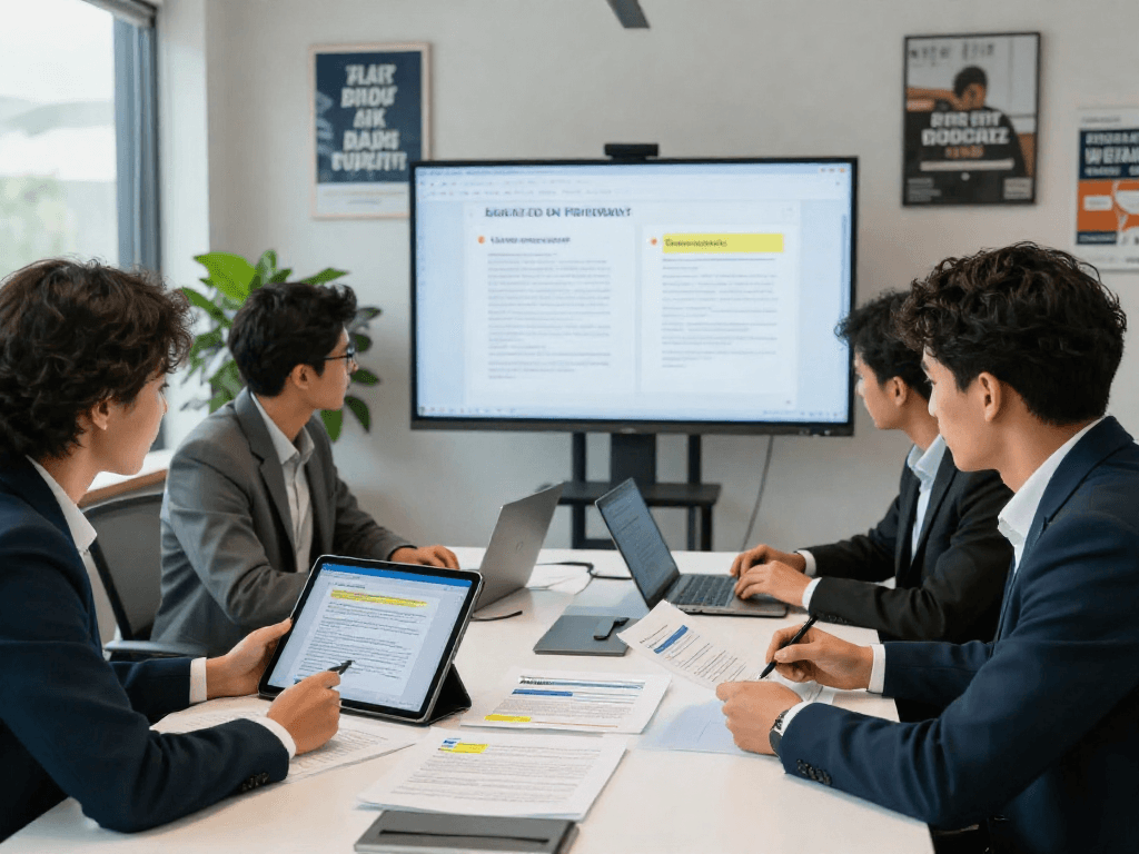 Collaborative team discussing document fraud detection strategies in a modern office environment.