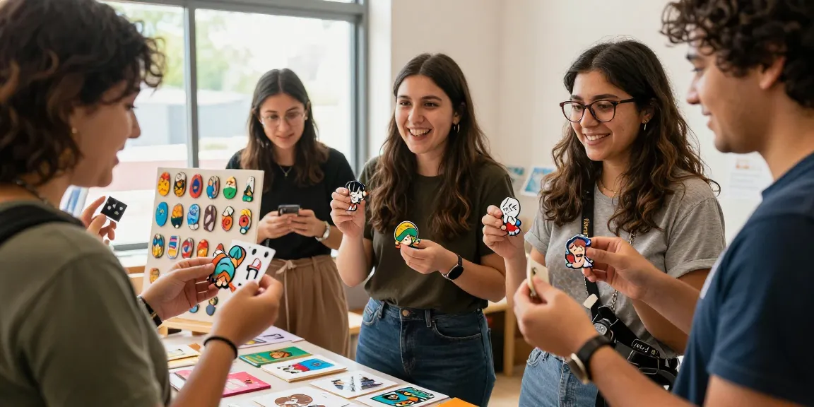 Creative friends showcasing custom acrylic pins at a craft fair, capturing vibrant designs and lively atmosphere.